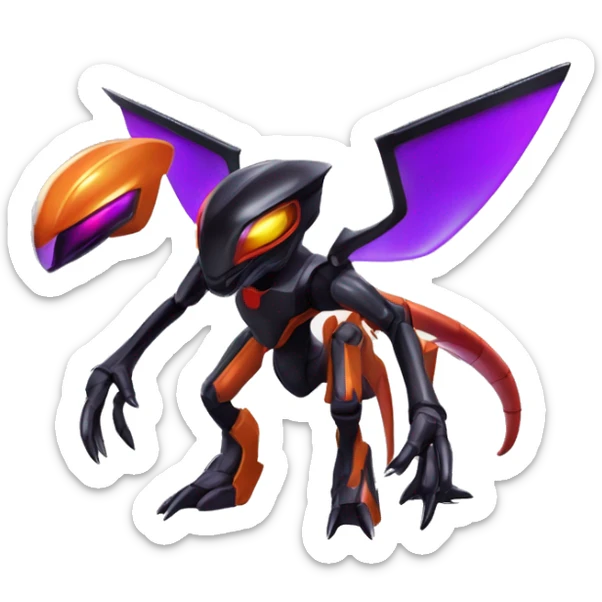 a shiny metallic black-purple-red-orange Genesect-Flygon-Raptor-Fakémon-Medabot-hybrid with a futuristic visor-helmet full body sticker