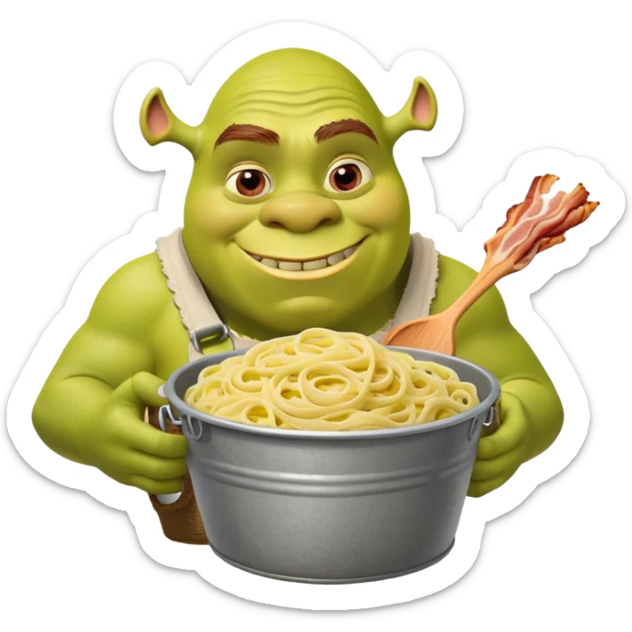 Shrek the green ogre holding a bucket full of carbonara pasta sticker