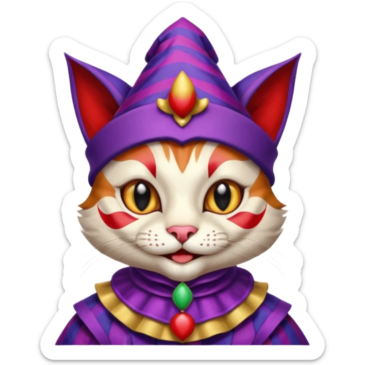 crazy colorful cute little cat jolly joker from poker, medieval, vintage, court jester, mac os icon, purple and red color, chromed inserts, half body sticker