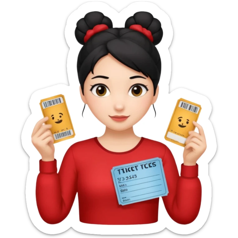 A girl with a bun of black hair, wearing a red long-sleeved shirt and holding theater tickets sticker