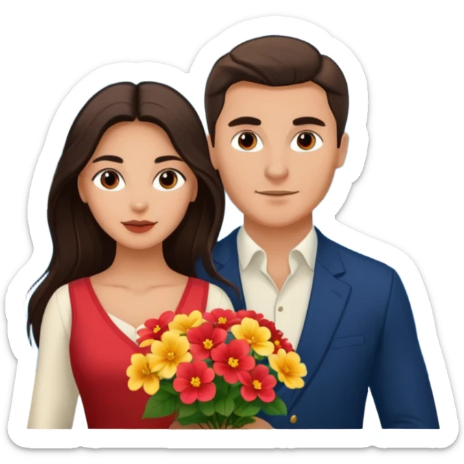 Couple traveling in Montenegro russian man and elegant  Latina girl delicate flowers and mountains in the background  sticker