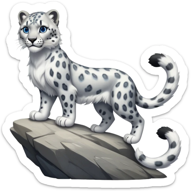 cinematic-snow-leopard-realistic-full-body-standing-emoji,-muscular-yet-graceful-body-balanced-on-rocky-cliffs,-long-fluffy-tail-swirling-behind,-head-tilted-dramatically,-thick-ghostly-white-fur-speckled-with-black-rosettes,-piercing-icy-blue-eyes,-simplified-yet-realistic-focused-features,-highly-detailed,-glowing-with-an-almost-sarcastic-glow sticker