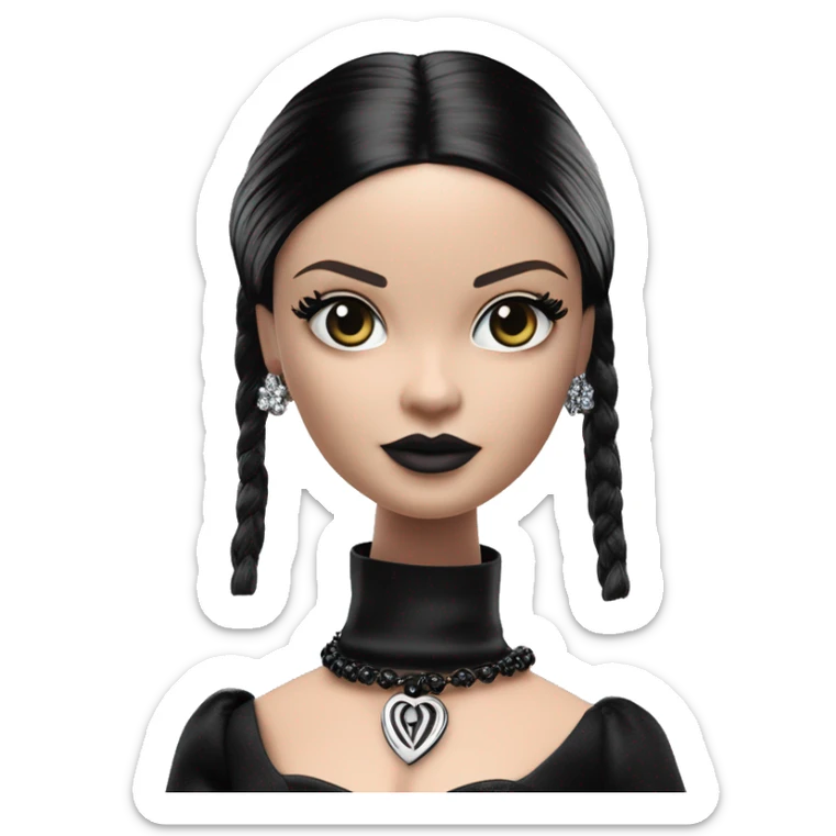  Elegant witch Wednesday Addams Barbie.  Small very light skin face. Earrings with matching necklaces. Long silky raven hair. black flowing strapless tight evening gown neckline that’s off-the-shoulders shows her legs and black high heel shoes. sticker