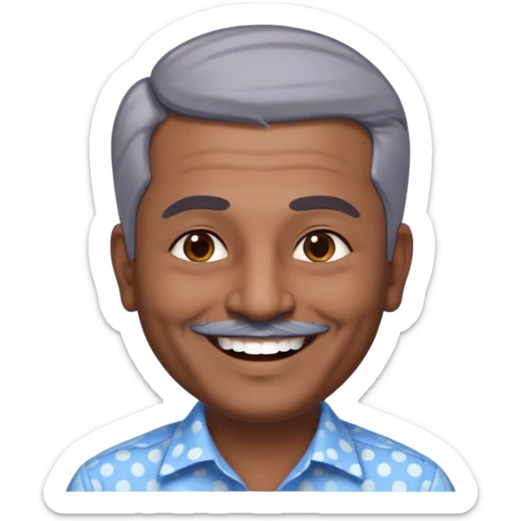 50 yr old indian man, dark skin, grey hair, big smile, white teeth, chubby, no moustache, clean shaven, young style hair, hair brushed back, 5 oclock shadow, bindy dot on forehead, dress shirt sticker