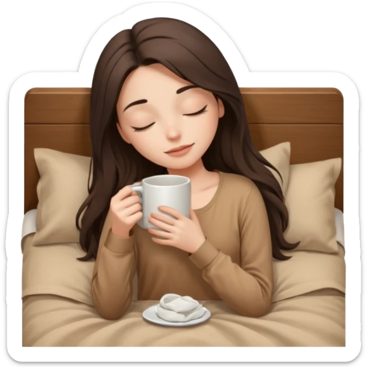 brunette girl with closed eyes lies on bed with brown bed linen in beige blouse with long hair and holds mug close up without makeup sticker
