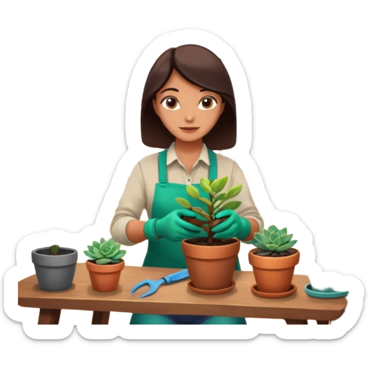 Close-up of a person planting a sapling in a pot. Around, potted plants and succulents with vibrant leaves and flowers. Sunlight filters through the window, casting soft shadows. Cozy indoor space with gardening tools on a wooden table. sticker