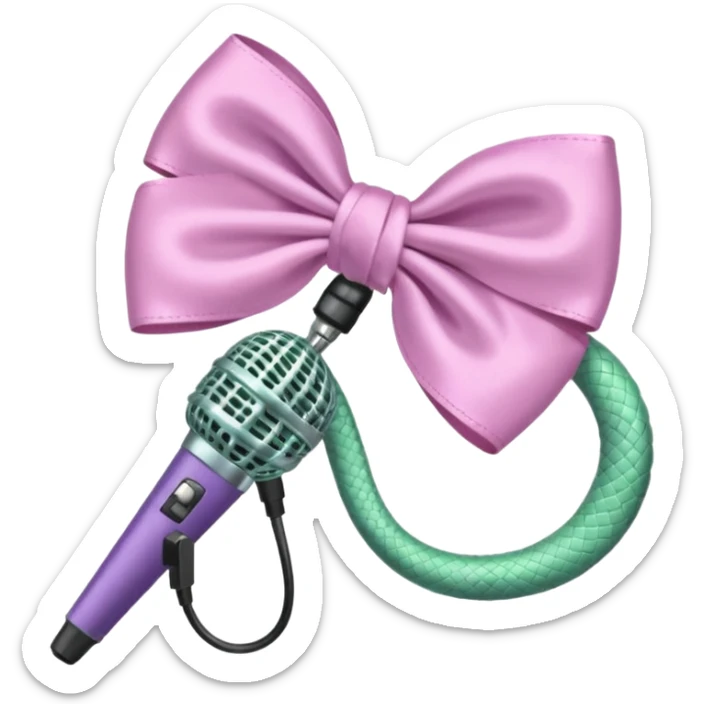 A pastel pink bow with a pastel green snake on the top of one side and a pastel purple microphone on the bottom of the other side sticker