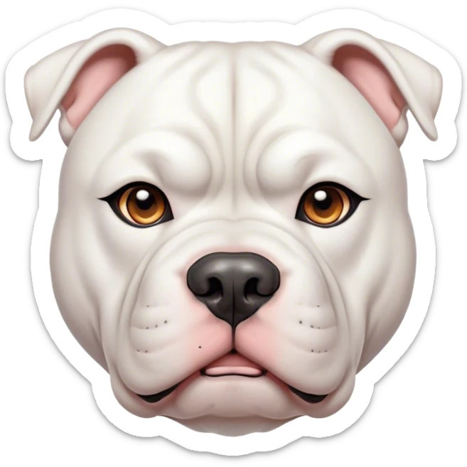 Cinematic Noble White American Bulldog Portrait Emoji, Poised and regal, with a powerful, muscular build and a sleek, well-groomed pure white coat, deep-set soulful brown eyes, Simplified yet sharp and sophisticated features, highly detailed, glowing with a soft, dignified glow, high shine, intelligent and loyal, stylized with an air of strength, focused and attentive, soft glowing outline, capturing the essence of a watchful and confident guardian, so majestic it feels as though it could step out of the screen with effortless authority! sticker