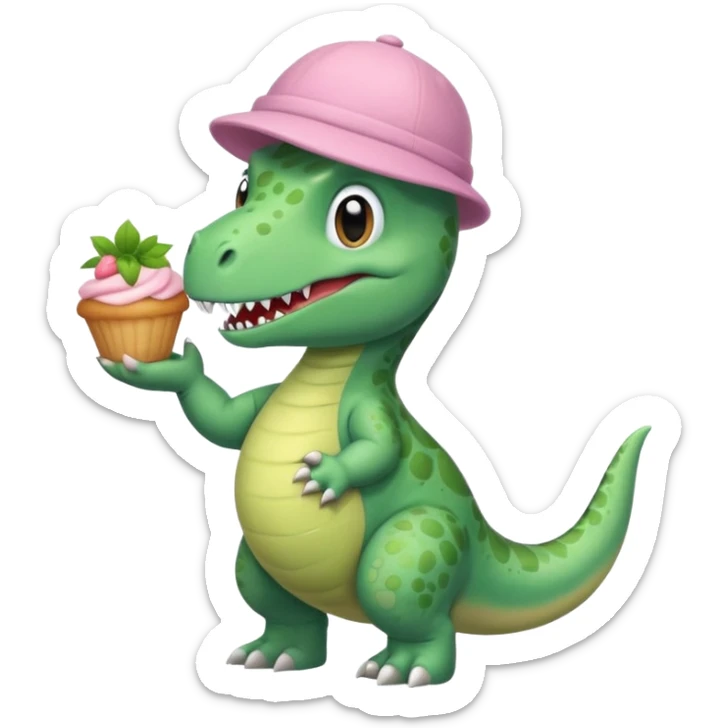 quiero un dinosaurio divertido con delantal y gorro de pastelero y en la mano un pastel sticker