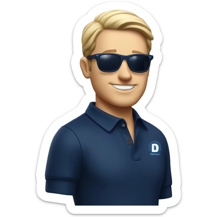 a short, handsome white man in sunglasses with a navy blue polo shirt and the D'COSTURA logo sticker