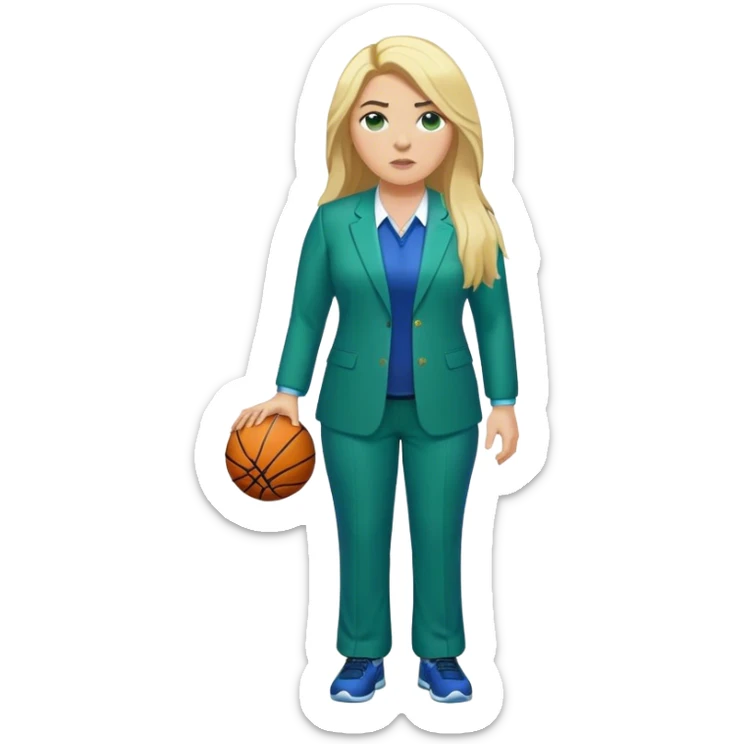 Full Body white plus size female basketball head coach with long blonde hair in a blue and green suit sticker