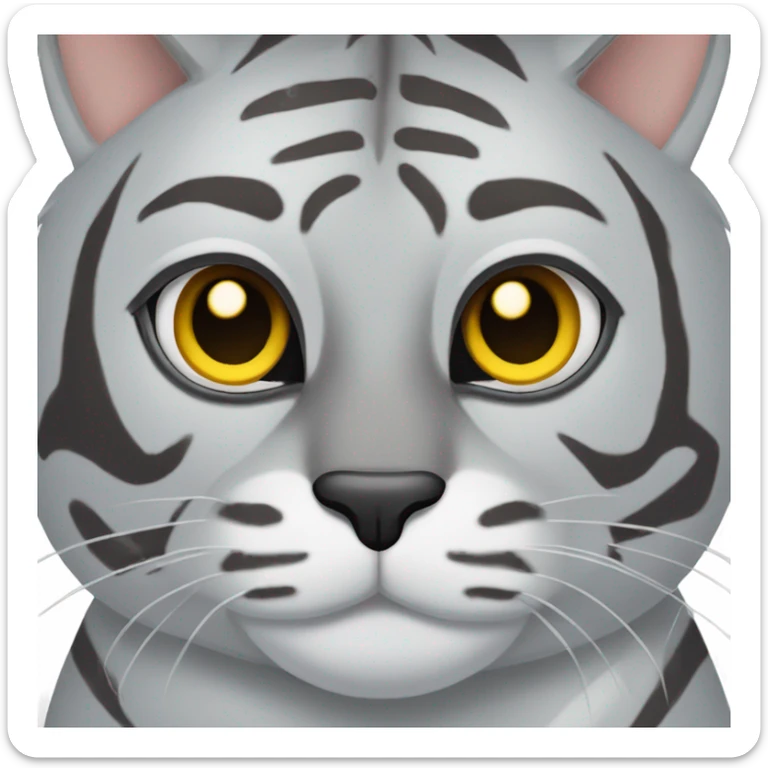 grey tiger cat with some lines of brown and black with yellow eyes and a black nose sticker