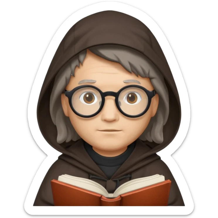 Monk priest prayer black habit with hood round black glasses done light brown wavy hair under hood remove the medallion smaller more round glassed age 46 no necklace more oval face hand holding book that says RB 480 top left is great add a little hair brown gray under hood  sticker
