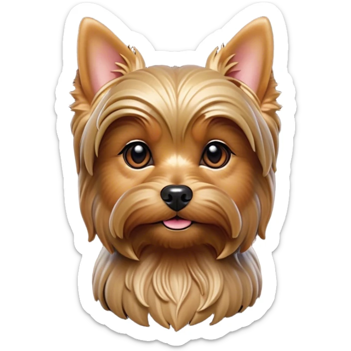 Cinematic Noble Yorkshire Terrier Portrait Emoji, Exuding refined charm and dignified poise, with a lustrous, silky fur in rich, deep hues, alert eyes and a confident expression, simplified yet exquisitely detailed, glowing with a soft, aristocratic radiance, high shine, embodying intelligent grace and classic elegance, soft glowing outline, capturing the essence of a regal Yorkshire Terrier ready to rule the screen with effortless sophistication! sticker