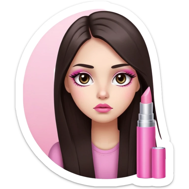 girl with lighter skin, dark brown long straight hair, pouty shiny lips with pink lip gloss, large eyes with eyelashes, pink blush on cheeks, inner eye highlighted with white eyeliner, lighter button nose, long oval-shaped face sticker