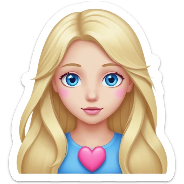Cinematic realistic blonde with long hair and blue eyes and a pink heart sticker