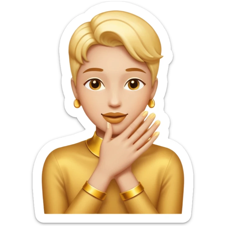 gender-neutral or slightly masculine person gently kissing their own glowing golden hands with admiration and pride, proud warm playful expression, emoji style, compact composition, clean lines, bold colors, smooth shading, minimal details, high readability, white or transparent background sticker