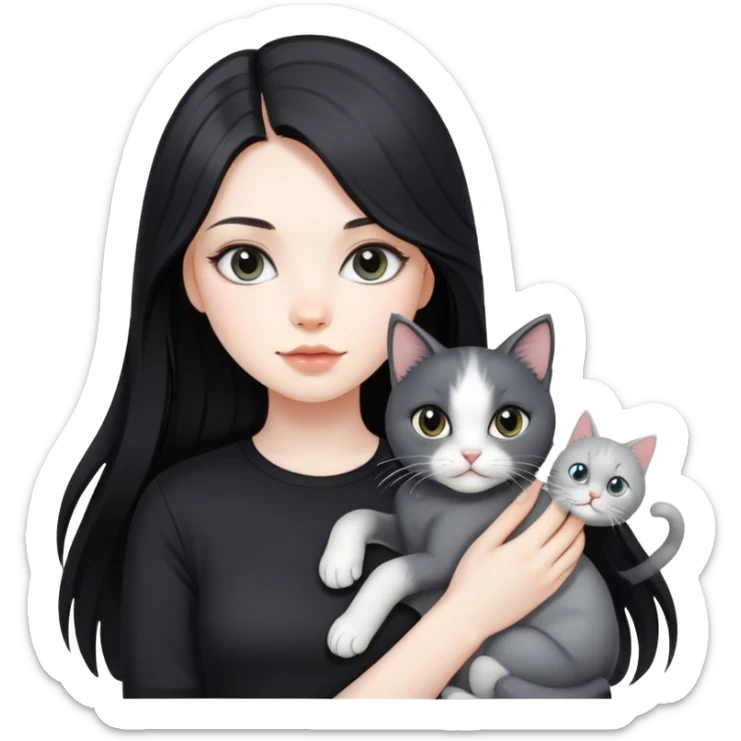 beautiful girl with long black hair wearing a black shirt holding a silver-colored cat sticker
