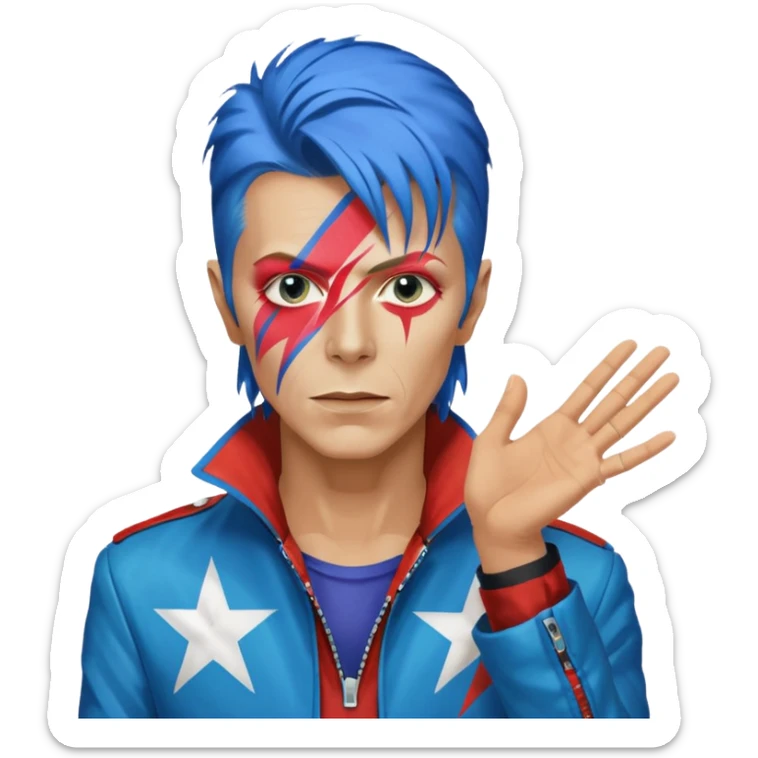 A male rockstar wearing Ebay brand colours and David Bowie face paint - showing more of his torso and blue hair sticker