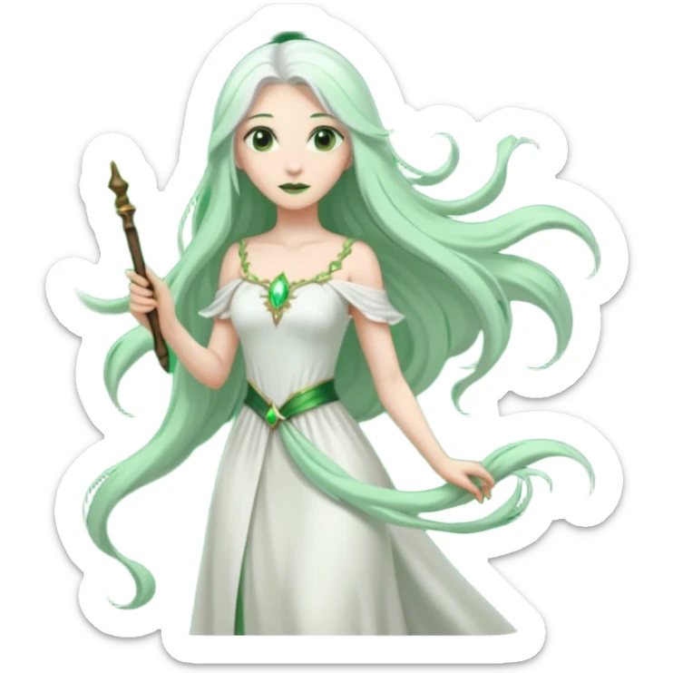 Woman with green skin color with white color long hair and carrying a magic wand sticker