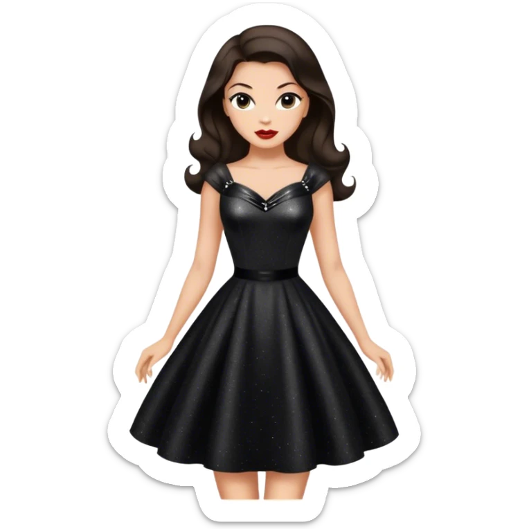Beautiful woman in 1950’s woman fashion look, black shimmery dress, long dark brown hair, Carbonara sticker