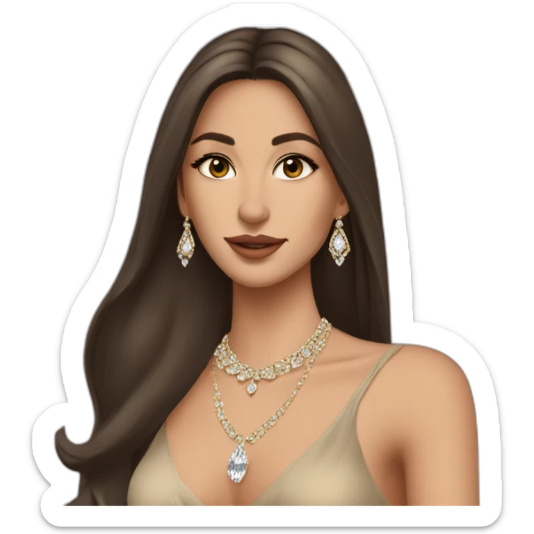 beautiful brunette arabian girl with smooth skin long hair beige lipstick wearing low neck dress with a diamond necklace sticker