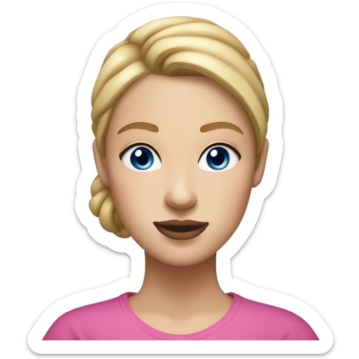 a woman with freckles, blue eyes, light skin, blonde straight hair with a bun, pink lips. black shirt. sticker