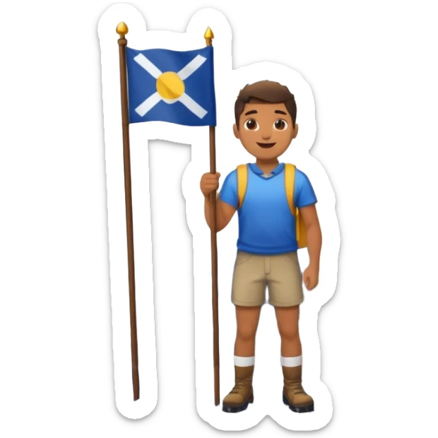 happy guy standing on top of a mountain with a little snow under his feet, holding a flag in his hand, with the mountain clearly visible under his legs sticker