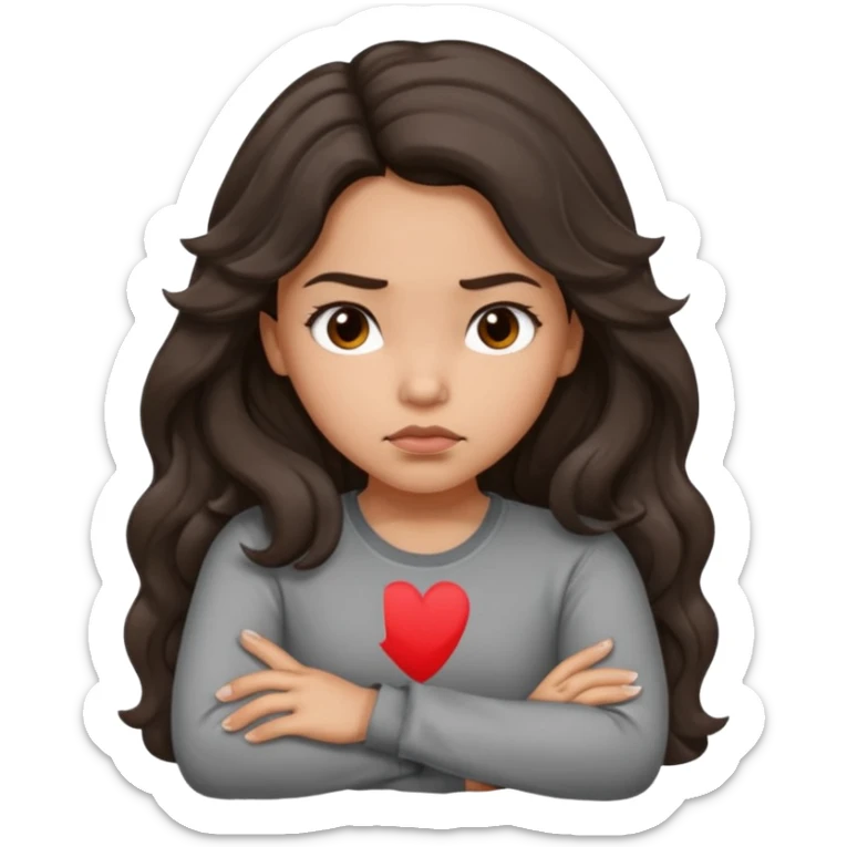 Hispanic girl with long dark brown wavy hair arms folded and  pouting. Gray long sleeve sticker