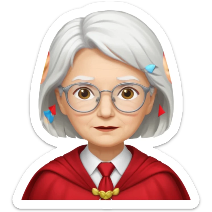 An older woman with glasses and white hair, in a red tie and cape sticker