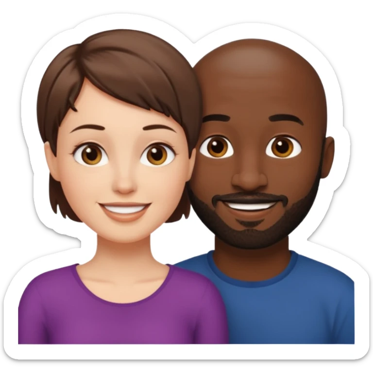 a white woman with short brown hair and a black man with no hair and a beard are looking at each other lovely sticker