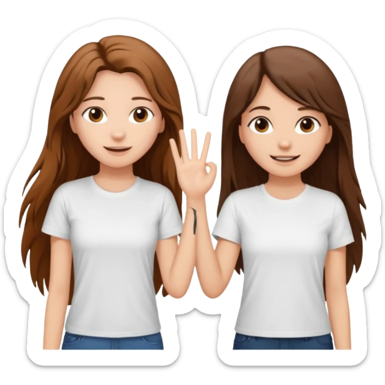 clean girl say hi to each other, she have a long brown hair a little messy and wearing white t-shirt sticker