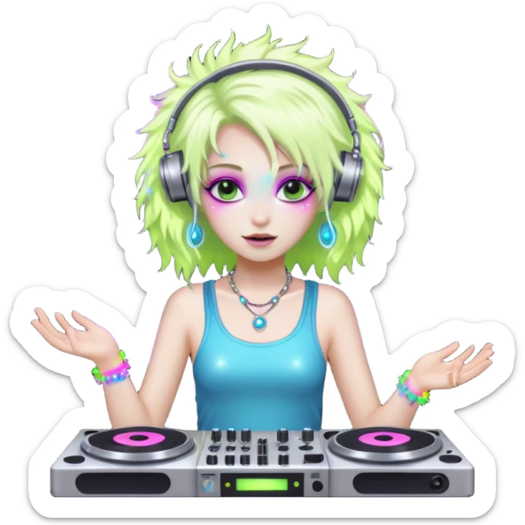  hard-techno-rave-fairy,-holding-a-dj-turntable,-wild-hair,-neon-sparkles,-minimal-background sticker
