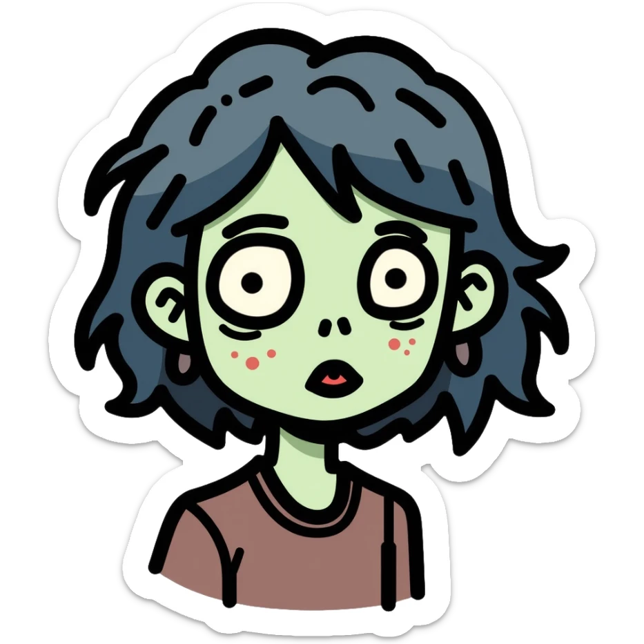 zombie girl with shoulder-length hair in transition, pale green skin, dark circles around eyes, messy hair sticker