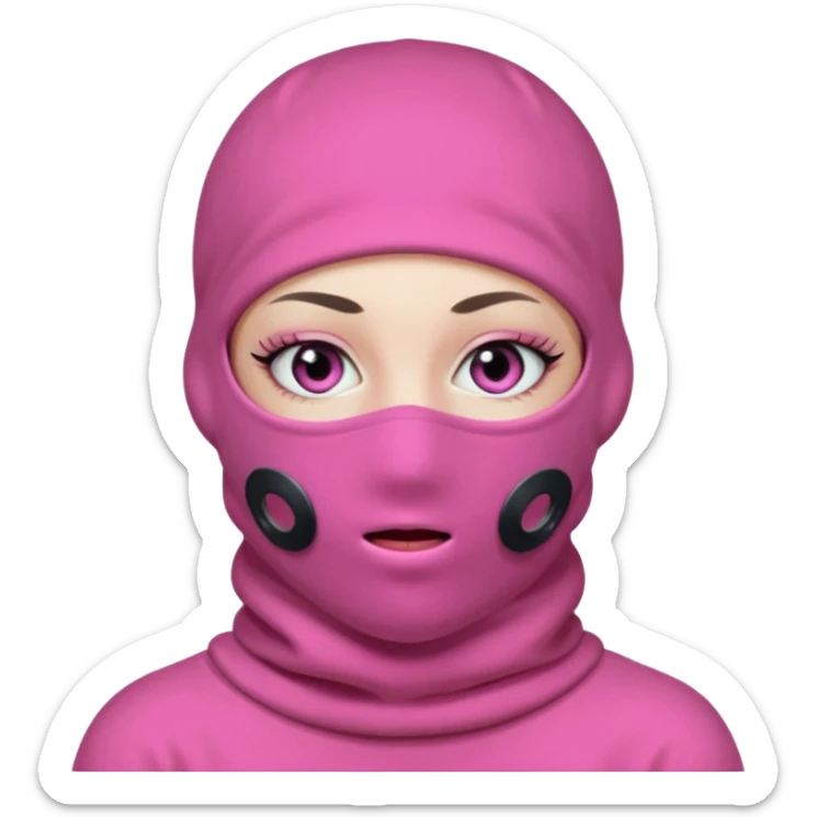 baggy stylish 3 hole balaclava pink in colour with girly eyes showing through the eye holes of the balaclava with beautiful eyelashes on  sticker