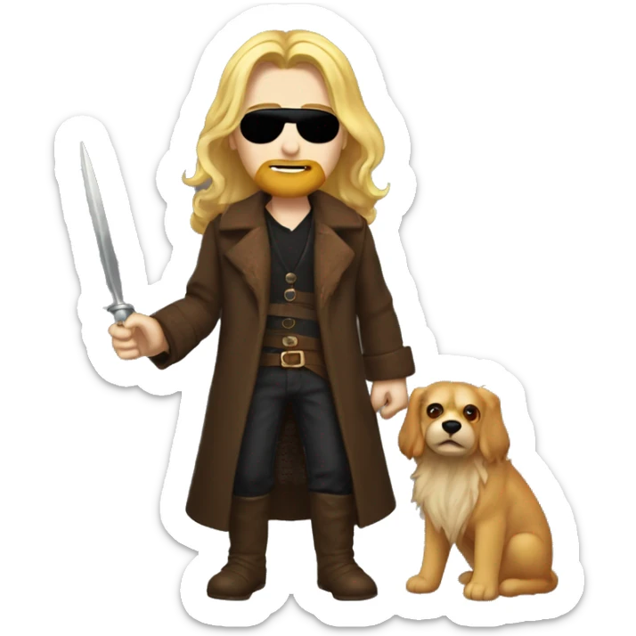 A young blonde man with long hair and long beard, left red eye and a black right eyepatch holding a golden awl and earing a brown animal coat sticker