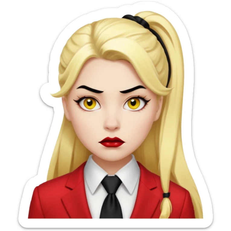 Woman with porcelain white skin, black lips, thick blonde hair that's in a thick long ponytail, a black nose, yellow scleras, red pupils, and a red suit with a black tie. Demon sticker