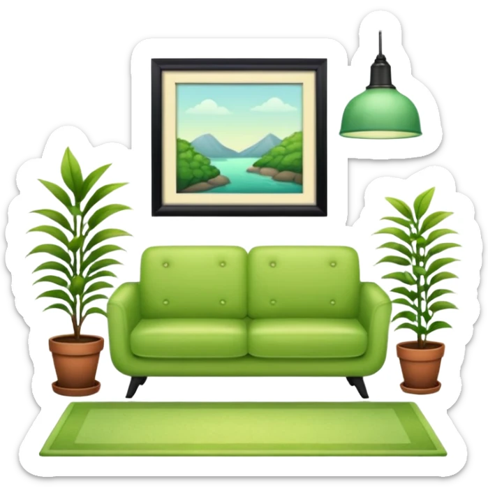 living room in ios emoji style

no TV, and make the couch a light green color

there is a lamp on one side and one plant on the other side. and no picture frame

there is a light colored rug sticker