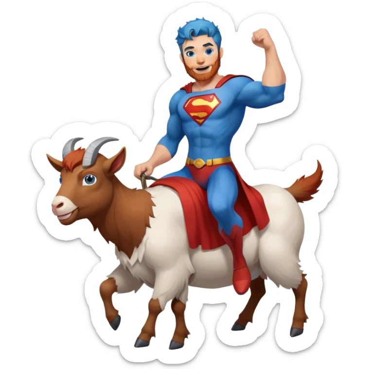 Full body Adult Superman Blue Eyes Scruffy Redish hair and redish trimmed Beard Muscle happy riding a happy blue haired goat sticker