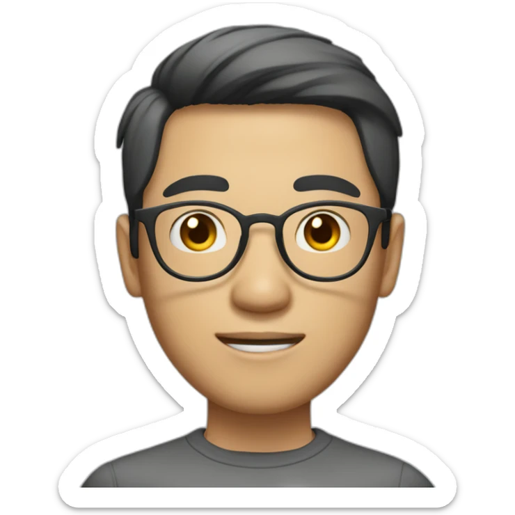 An Asian man with big eyes, fair complexion, metal frame glasses, short hair and a little stubble sticker