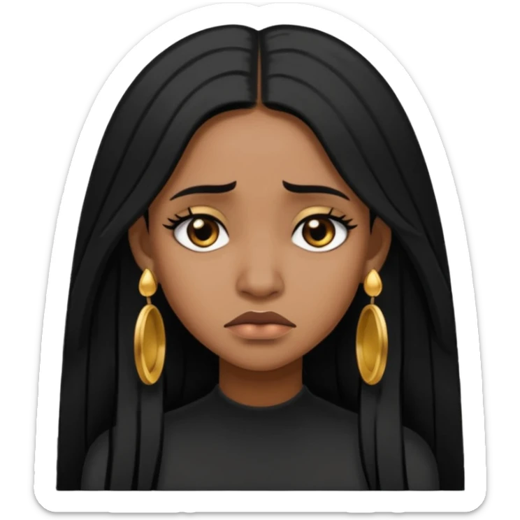 medium brown skin tone girl who has long layered black hair with gold stud earrings  who is sad  sticker