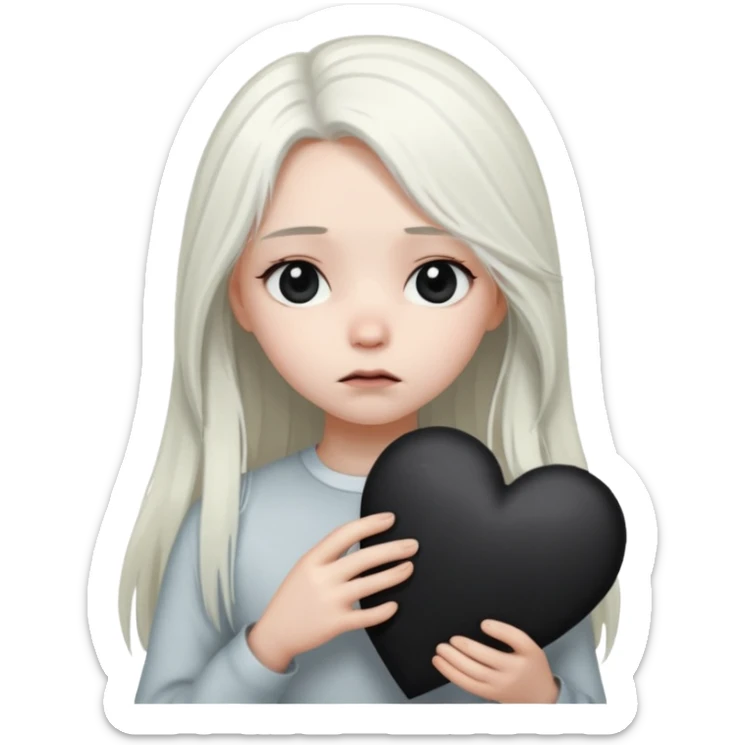 A girl with long white hair is sad and holds a black heart in her hands sticker