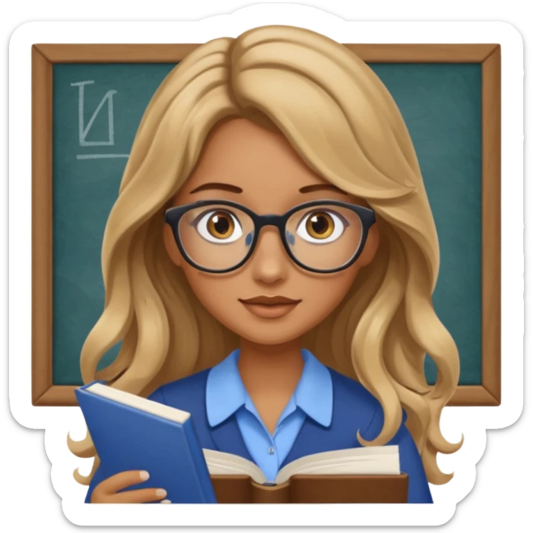 pretty female with long wavy brown hair with blonde highlights and blue eyes doing history homework  sticker