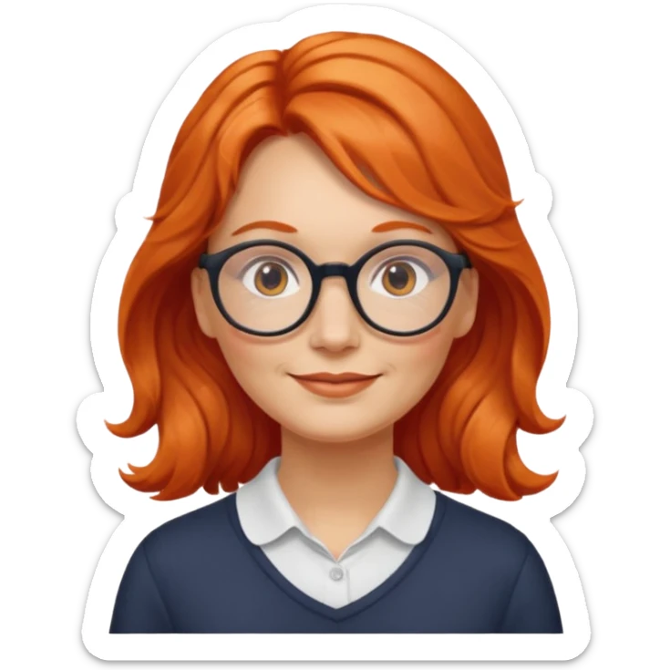 Norwegian woman, middle-aged, long wavy orange-red hair tied to the left, large round glasses, friendly look sticker