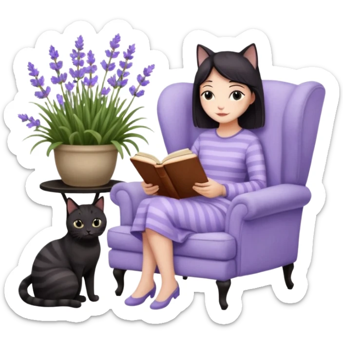 moji illustration, full body woman reading a book on a cozy armchair in a lavender garden, two separate cats next to her (one solid black cat, one brown tabby cat with stripes), small side table with coffee mug, soft peaceful vibe sticker