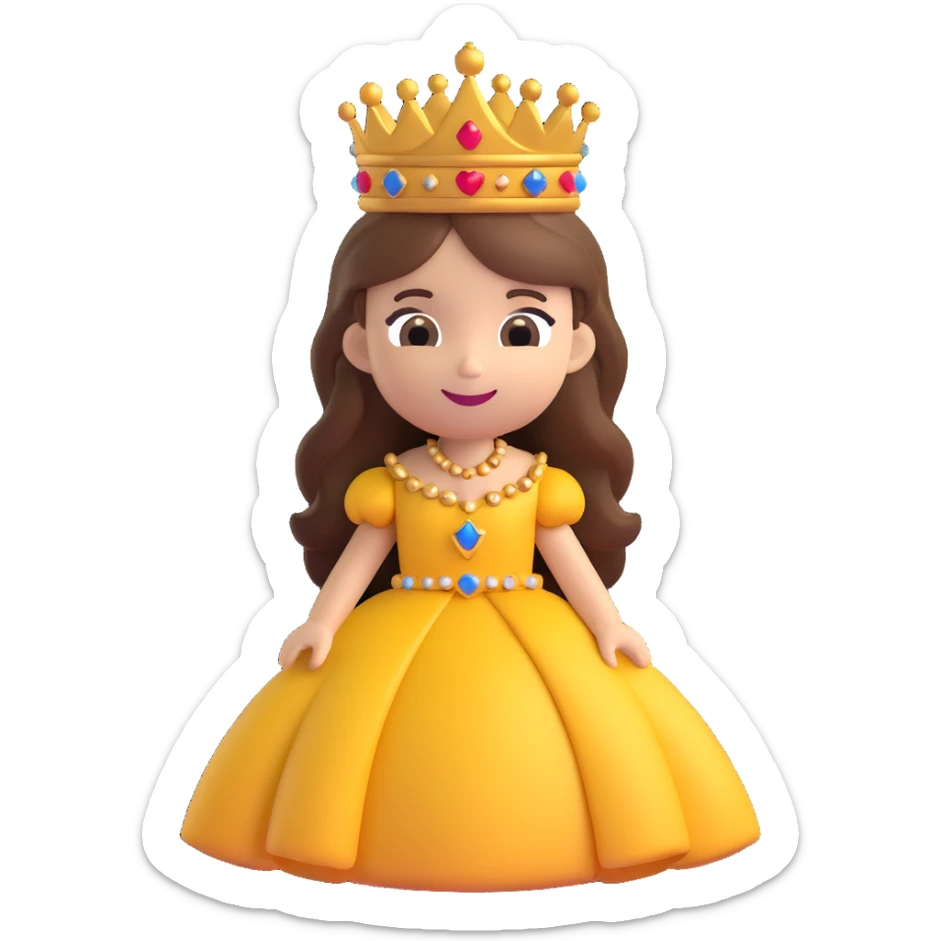 A cartoon-style princess emoji with long hair, wearing a golden crown, smiling softly, and dressed in a royal gown sticker
