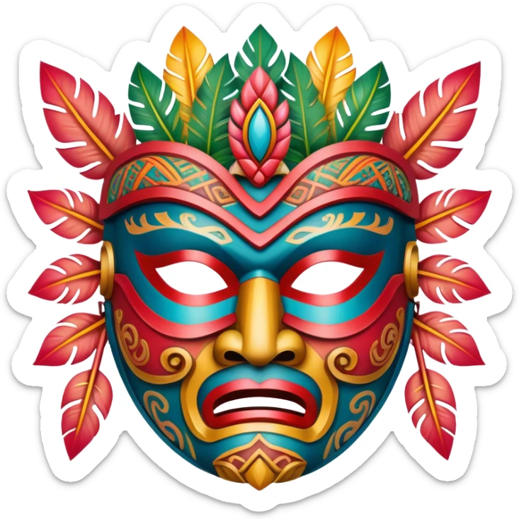 A traditional Hawaiian warrior mask with intricate carvings and bright colors. sticker