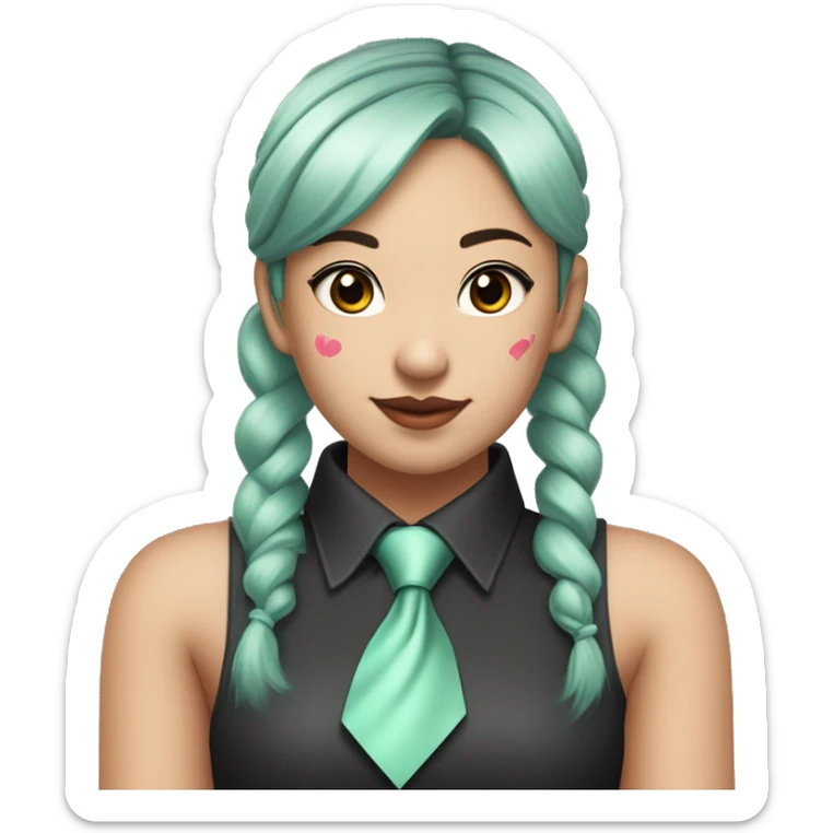 
An Asian girl with long mint colored pigtails wearing a sleeveless silver shirt, a mint colored tie, and a black flared arm sleeve with a red 01 tattoo on her left arm has a pink square with a black border running through each pigtail sticker