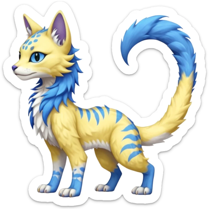 Kawaii yellow and blue beautiful pretty elegant divine edgy fantasy feline-vernid-sergal-fursona animal creature with a tufted tail full body with intricate markings  sticker