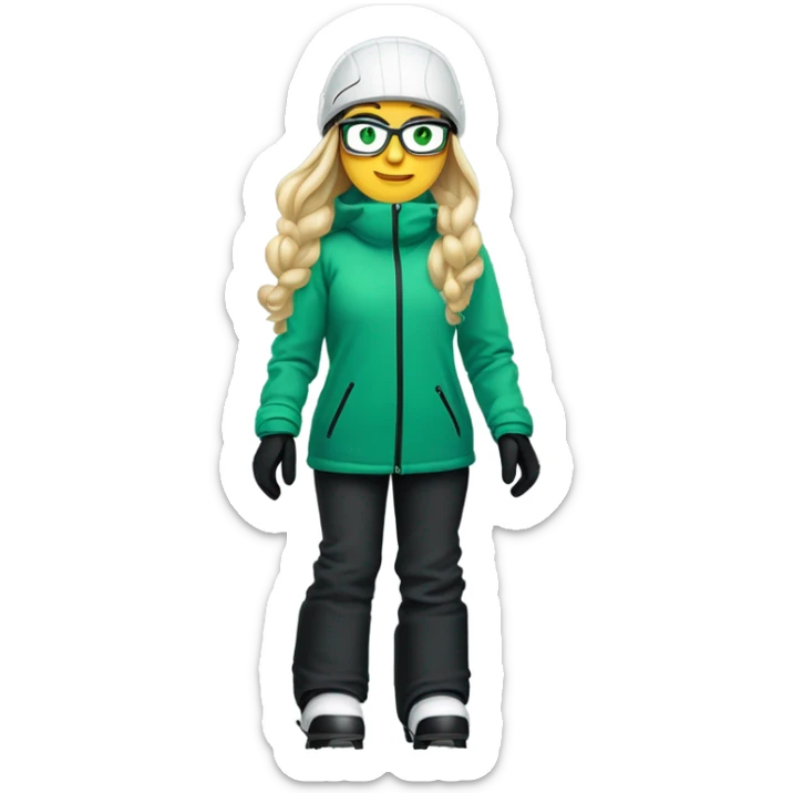 Green-eyed, fat female skier with long straight blonde hair, glasses, white ski helmet, gray snow jacket, green ski gloves, long black pants, black only snow boots standing tall. sticker